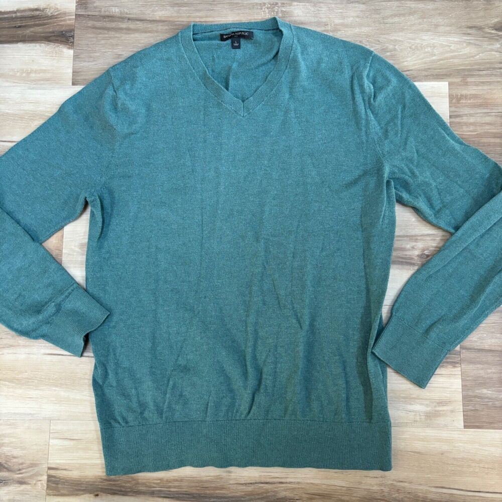 Banana Republic Sweater Mens Large Green V Neck‎ Lightweight Cotton Blend